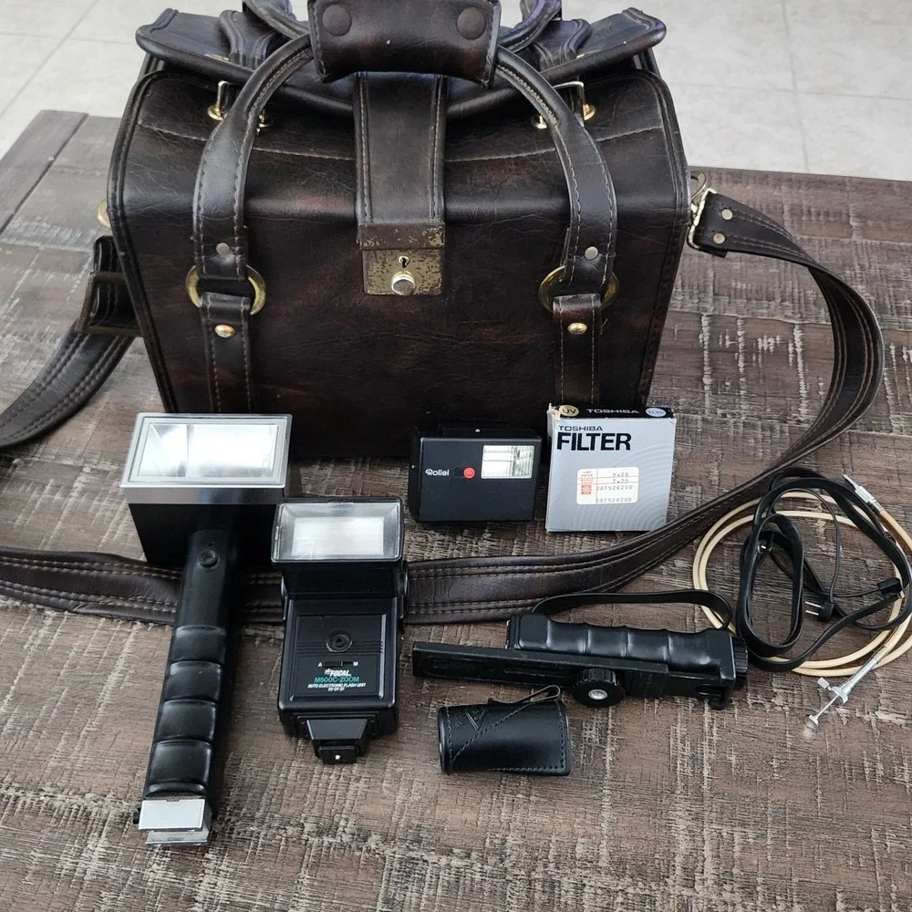 Vintage Leather Camera Bag With Flashes And Accessories